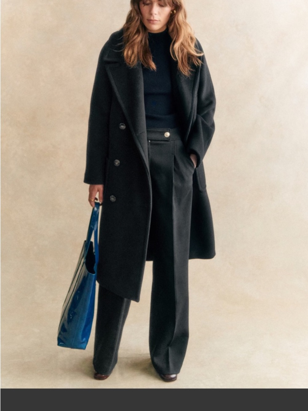 Sezane Double-Breasted Black Wool Pea Coat